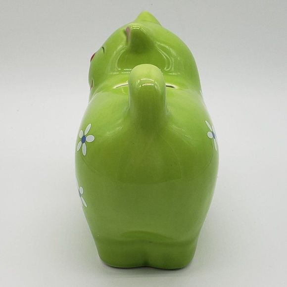 Lime Green Cat Shaped Applied White Blue Flowers Ceramic Piggy Bank with Stopper - Picture 10 of 13